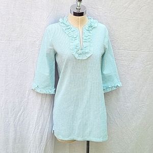 Rysa Ruth Designs dress, mint & white striped seersucker, 3/4 sleeves, ruffles,S